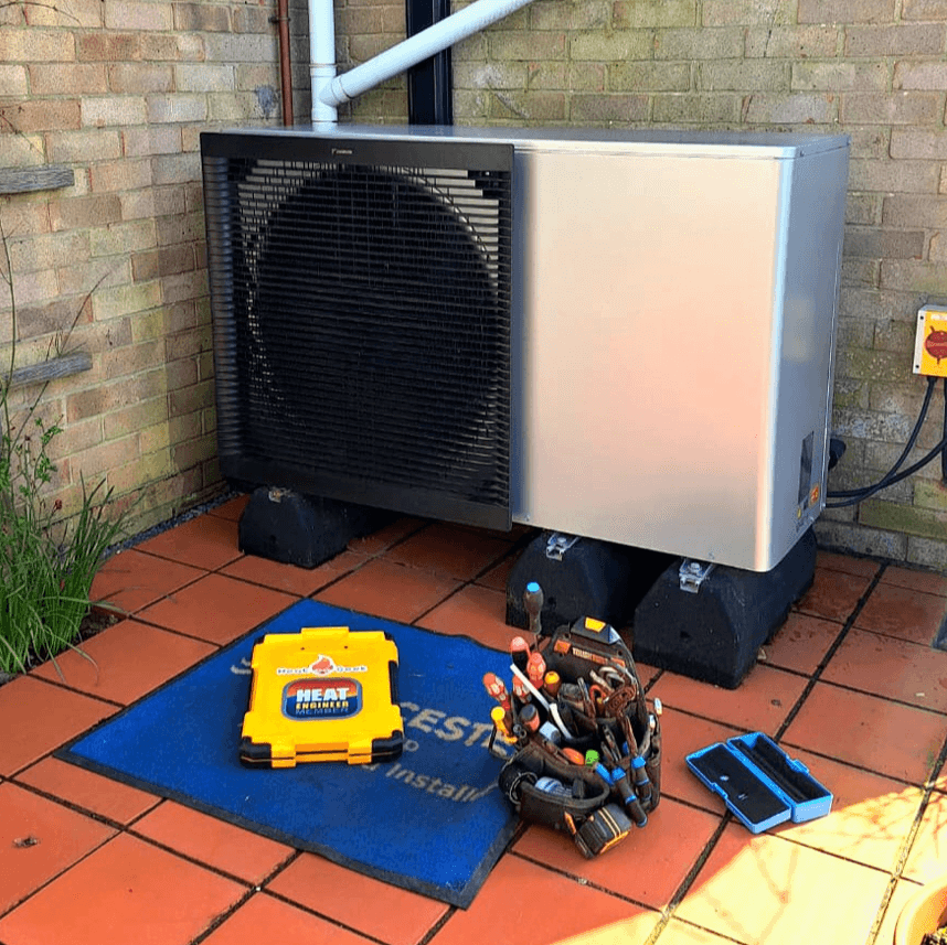 Installed heat pump on patio